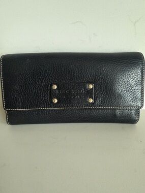 kate spade Black Pebbled Leather Continental Wallet with Gold Accents